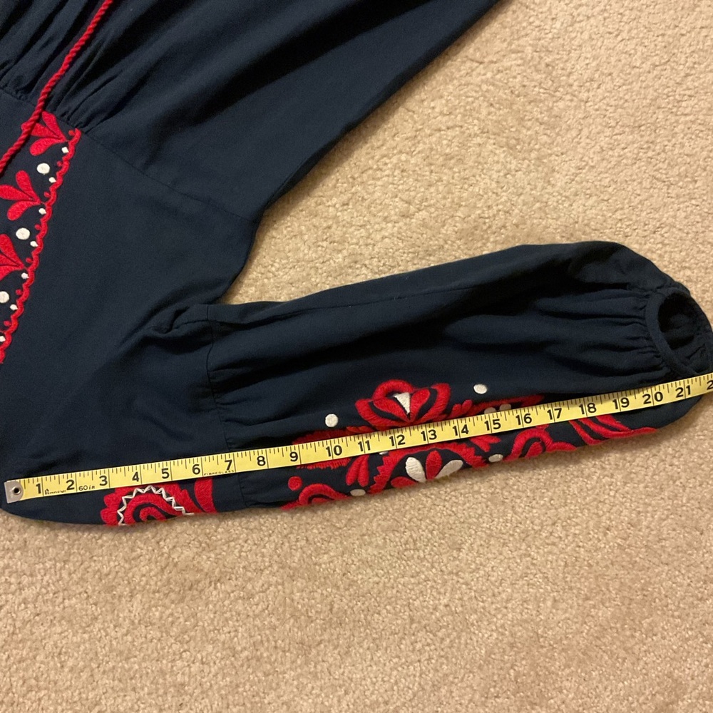 Zara Woman Boho Navy Blue Red Embroidered Tunic Long Sleeve Midi Dress Women’s L - Picture 5 of 14